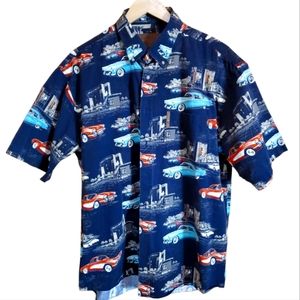 NORTH RIVER L BLACK VINTAGE CAR SCENE SHIRT SLEEVE BUTTON UP SHIRT